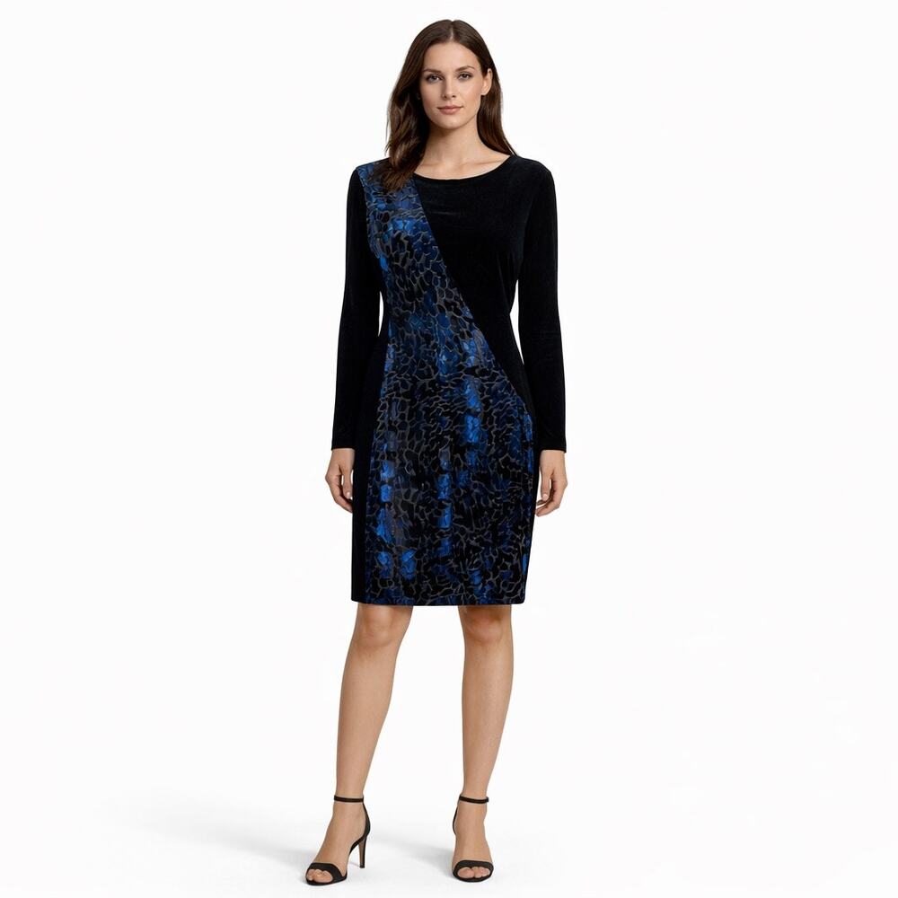 Belle Badgley Mischka Cocktail Dress Velvet Black Blue Animal Print Size 12